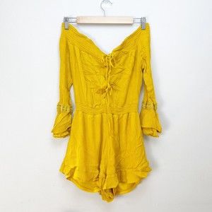 Purple snow Mustard yellow romper Off the shoulders Ruffle Long sleeves Large